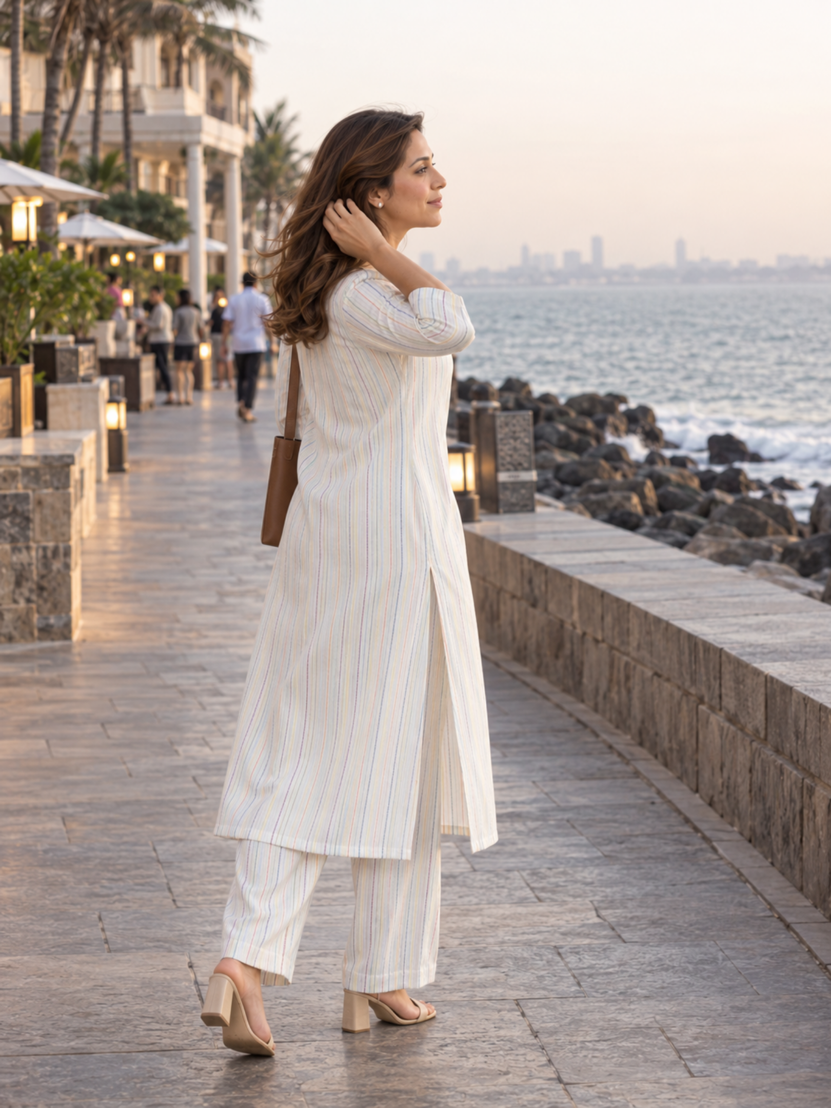 Ivory Striped Pure Cotton Kurta Palazzo Set
