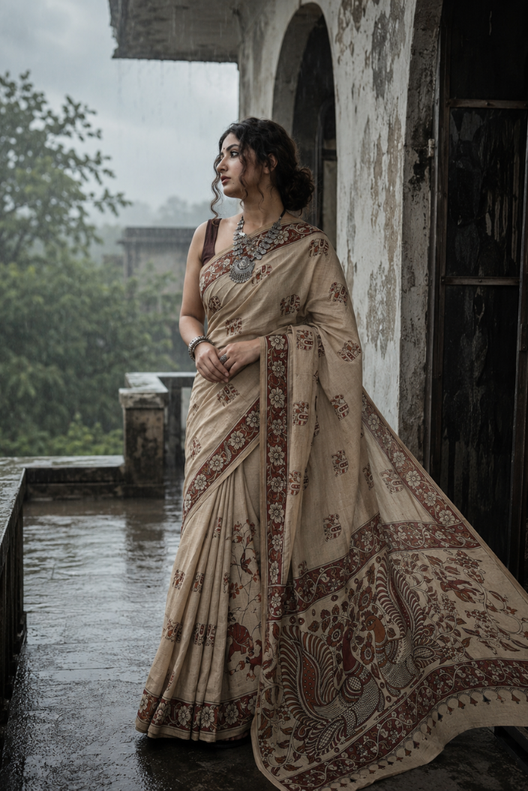 Rajvanshi Mayur Kalamkari Cotton Saree