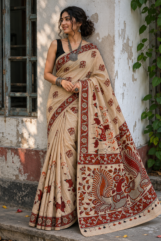 Rajvanshi Mayur Kalamkari Cotton Saree