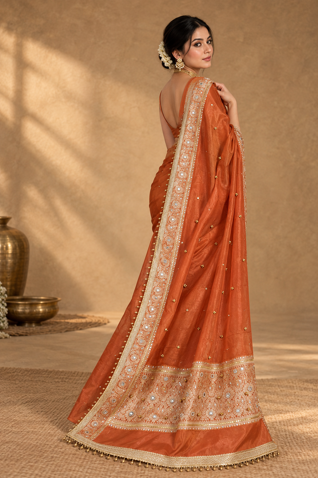 Rust Orange Embroidered Tissue Silk Saree