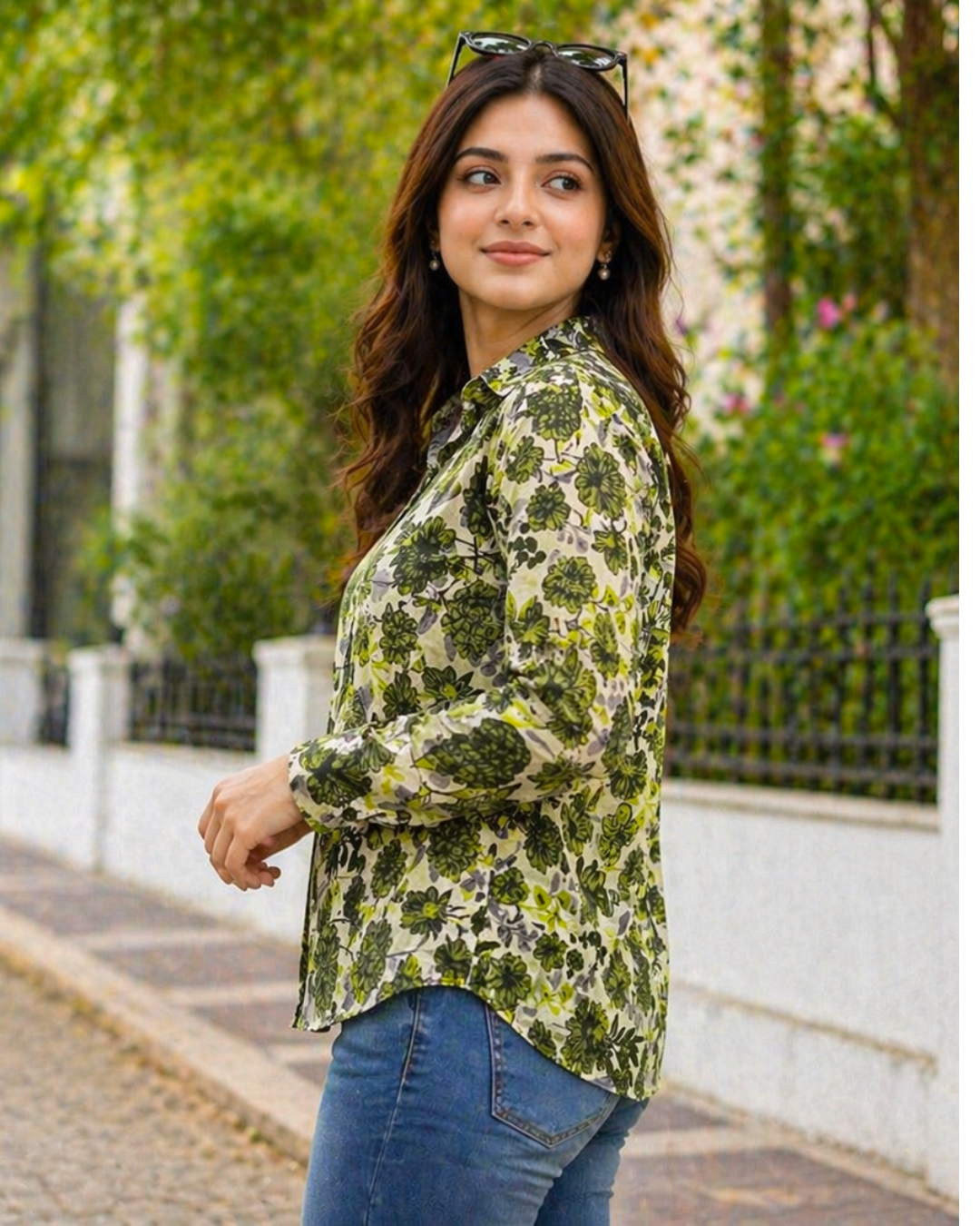 Olive Green Floral Printed Casual Shirt