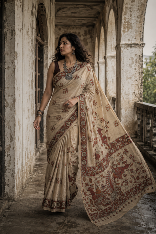 Rajvanshi Mayur Kalamkari Cotton Saree