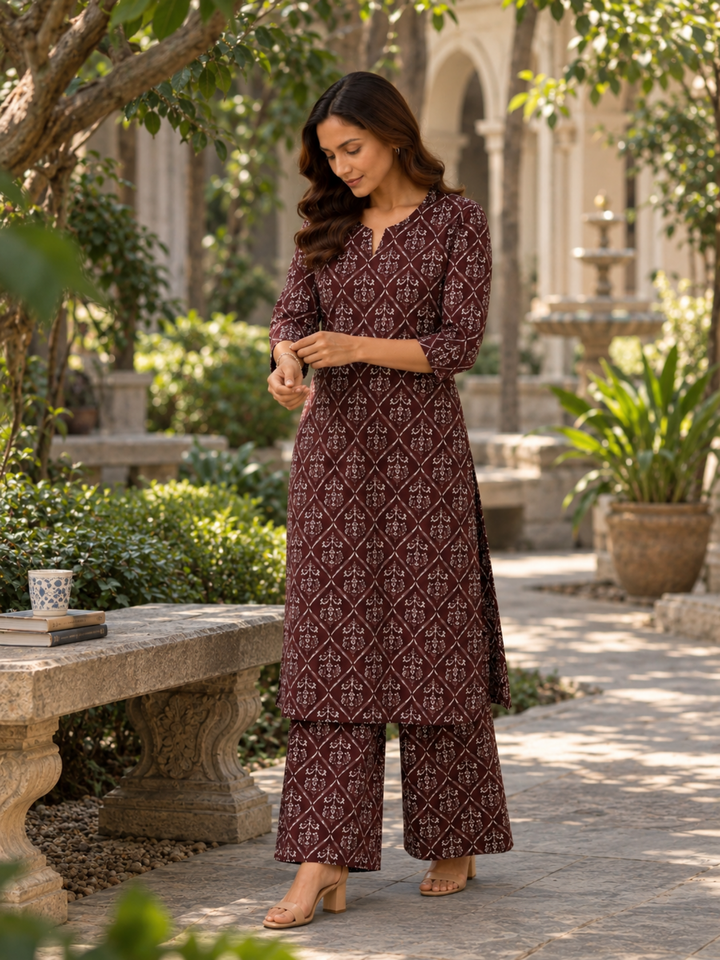 Maroon Floral Printed Pure Cotton Kurta Palazzo Set