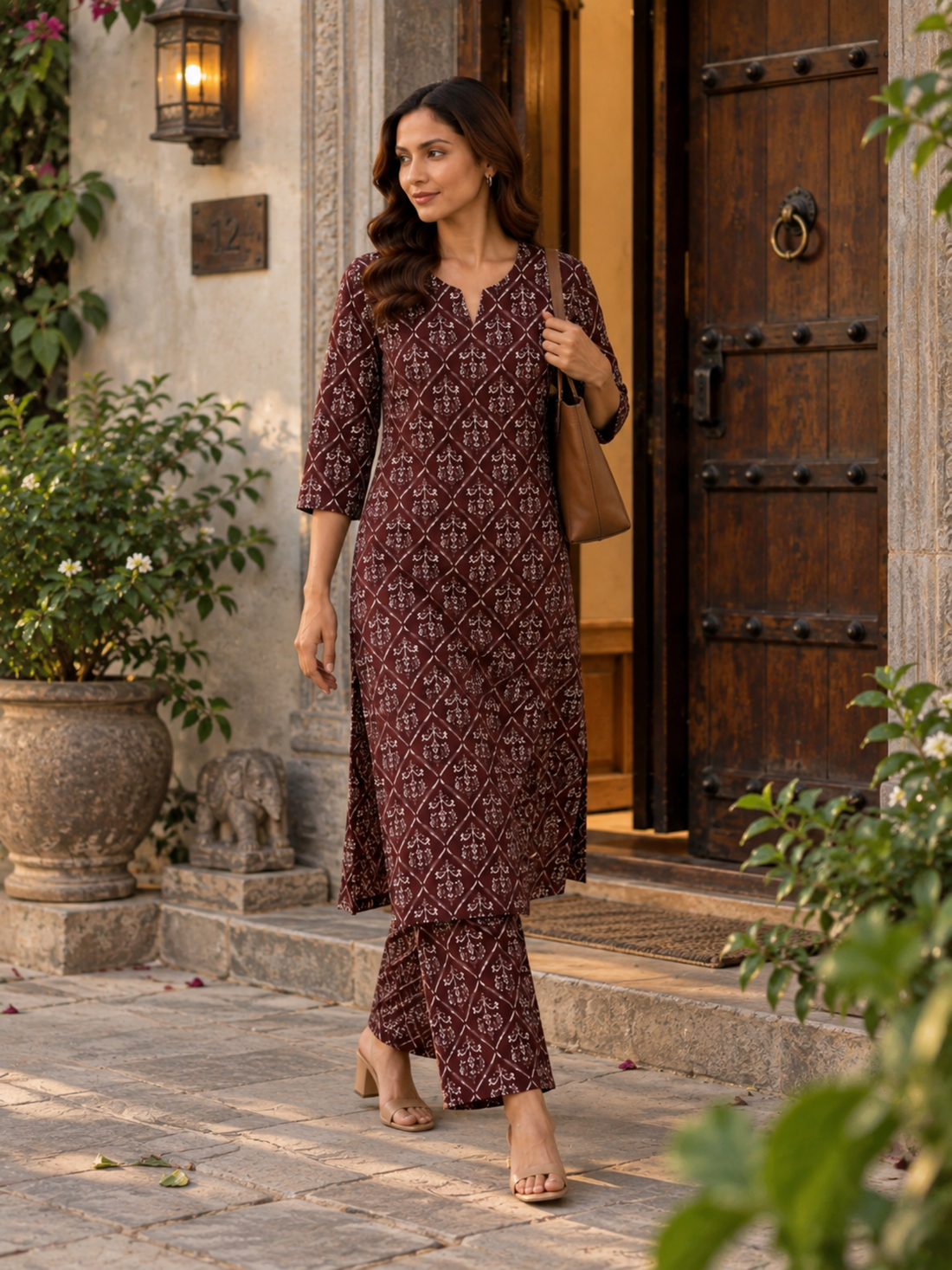 Maroon Floral Printed Pure Cotton Kurta Palazzo Set