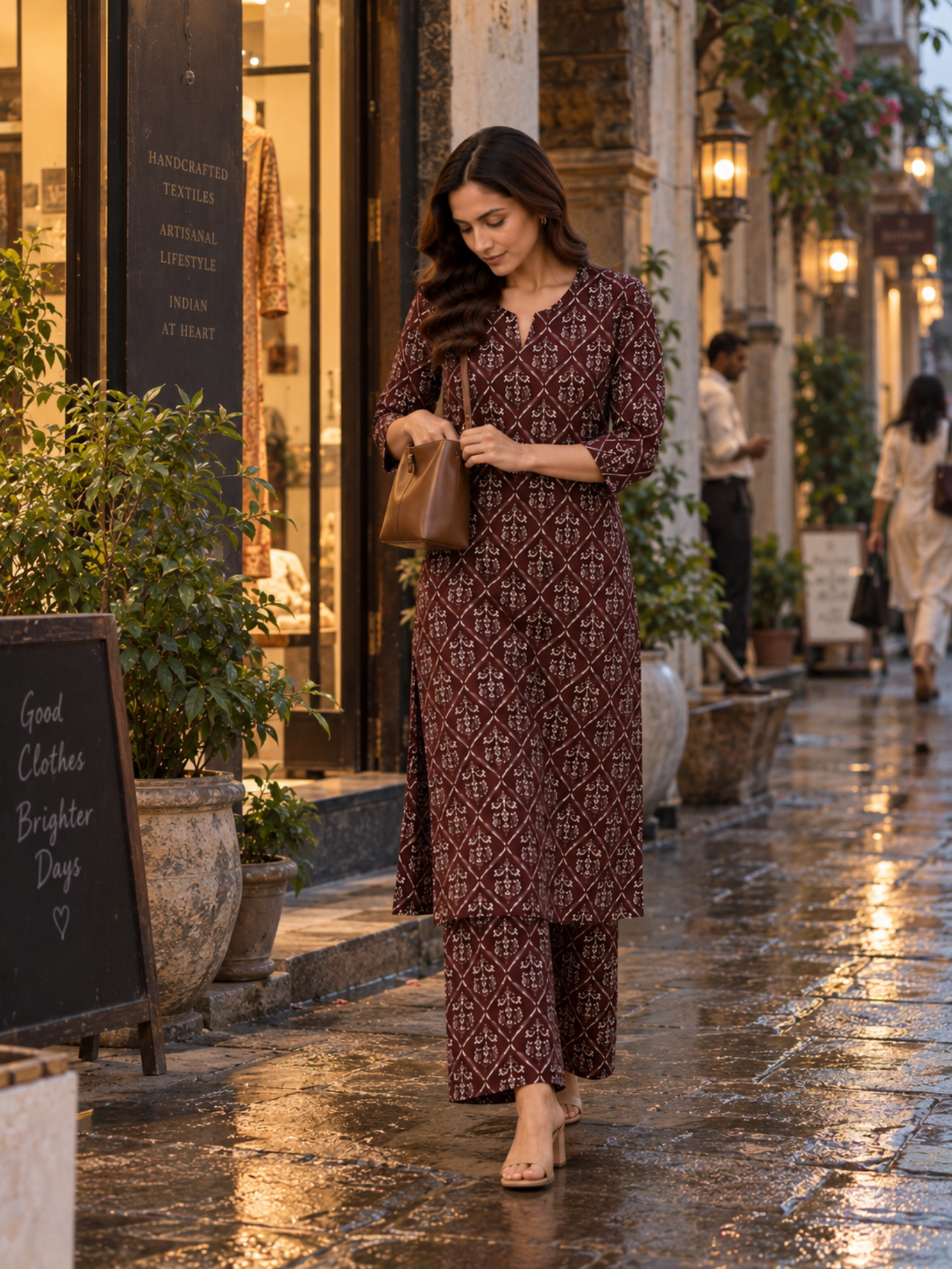 Maroon Floral Printed Pure Cotton Kurta Palazzo Set