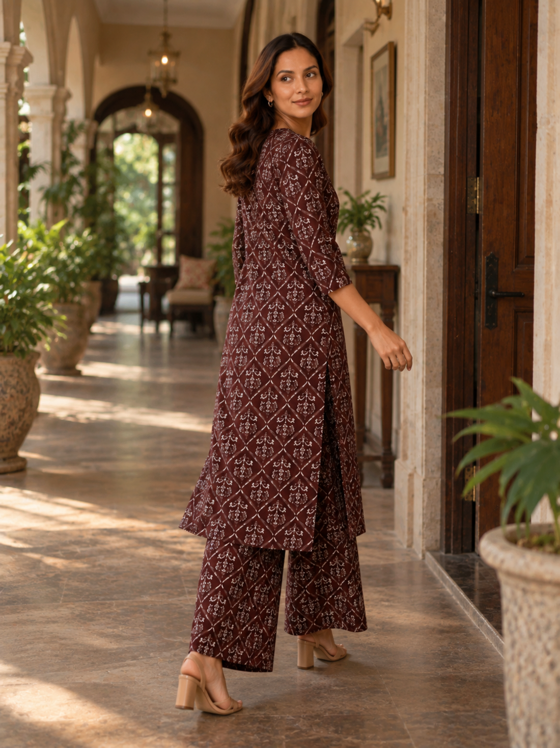 Maroon Floral Printed Pure Cotton Kurta Palazzo Set
