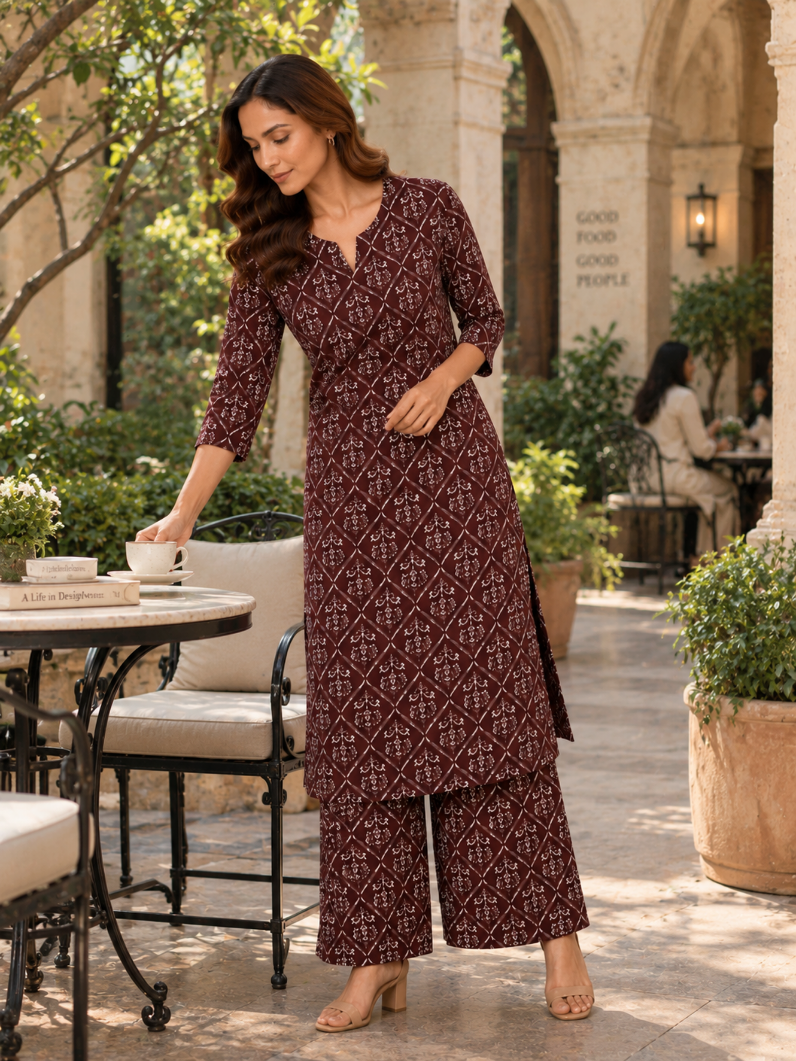 Maroon Floral Printed Pure Cotton Kurta Palazzo Set