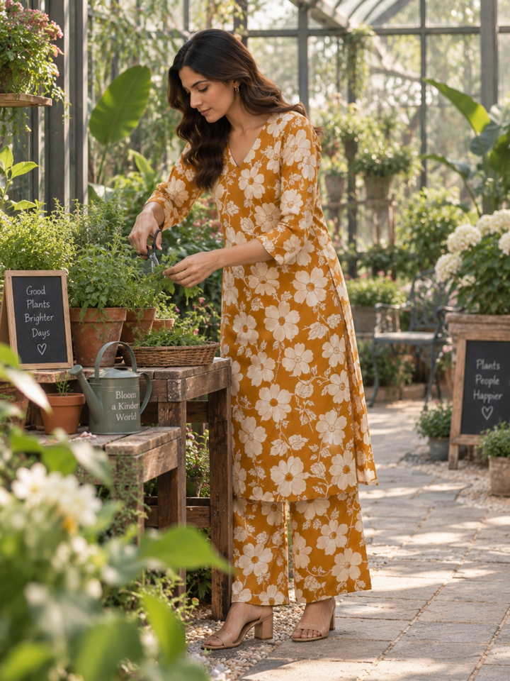 Mustard Floral Pure Cotton Kurta Palazzo Set