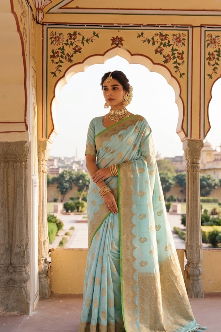 Sky Blue Pure Banarasi Silk Saree with Golden Zari Work