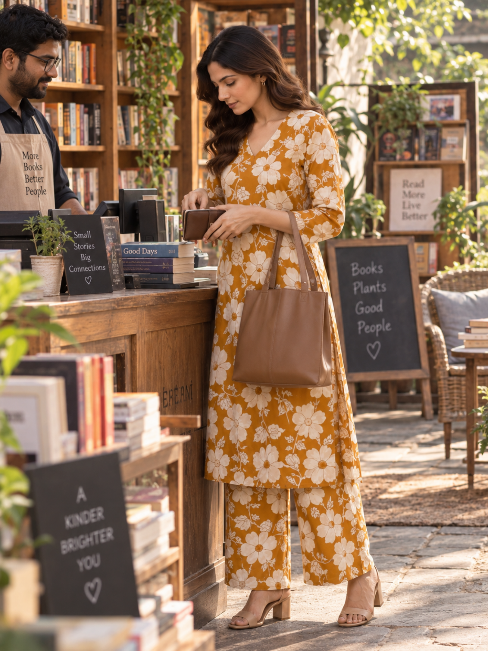 Mustard Floral Pure Cotton Kurta Palazzo Set