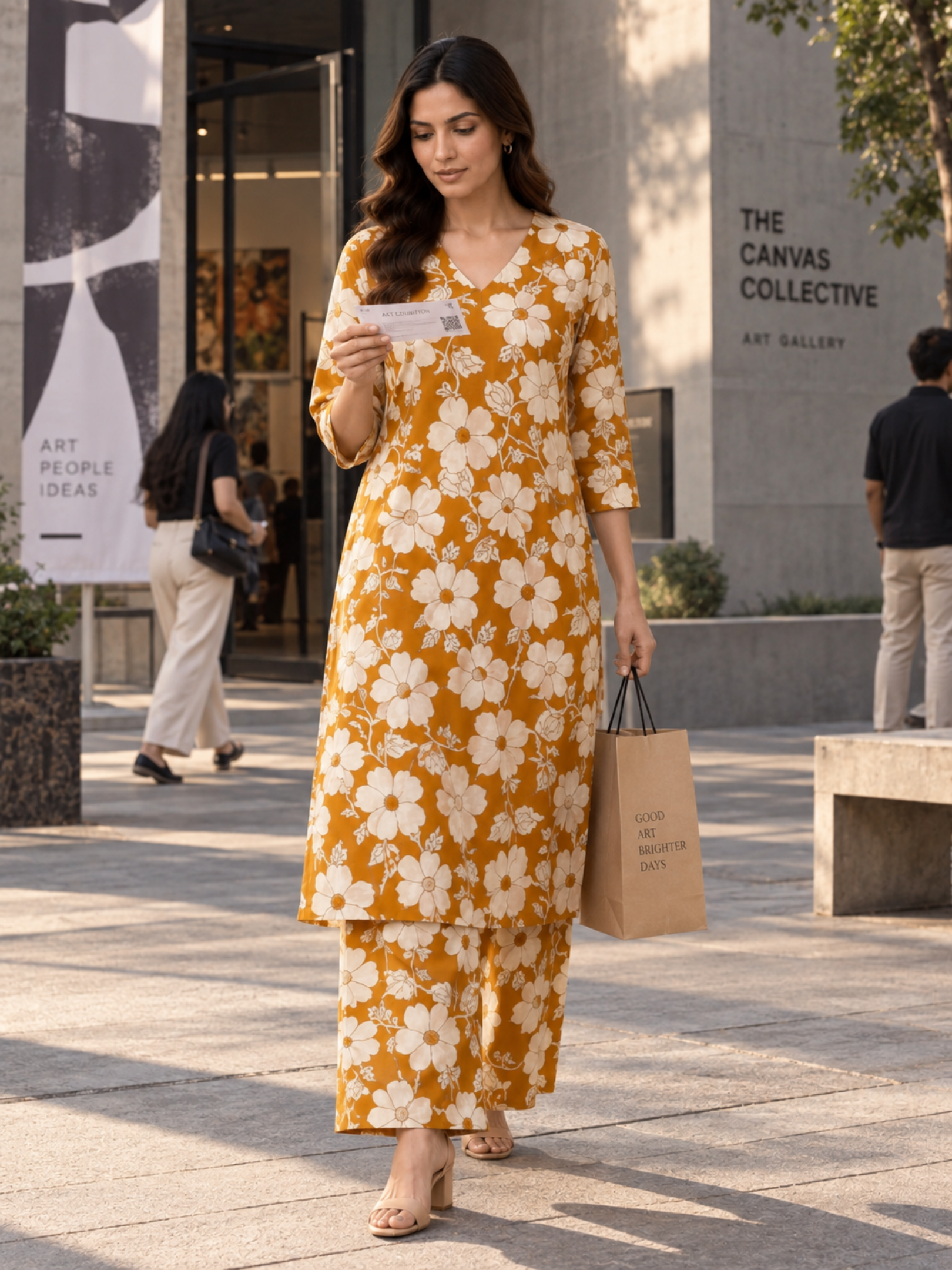 Mustard Floral Pure Cotton Kurta Palazzo Set