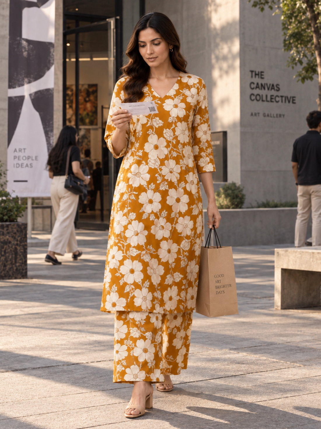 Mustard Floral Pure Cotton Kurta Palazzo Set