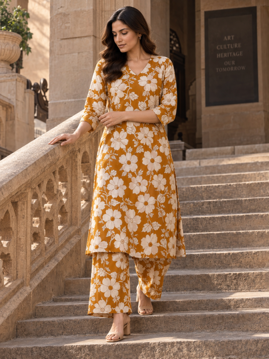 Mustard Floral Pure Cotton Kurta Palazzo Set