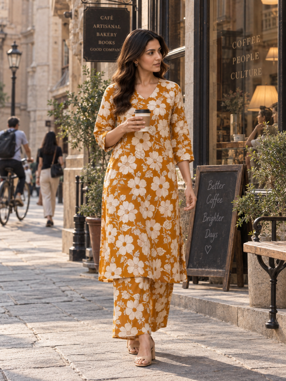 Mustard Floral Pure Cotton Kurta Palazzo Set