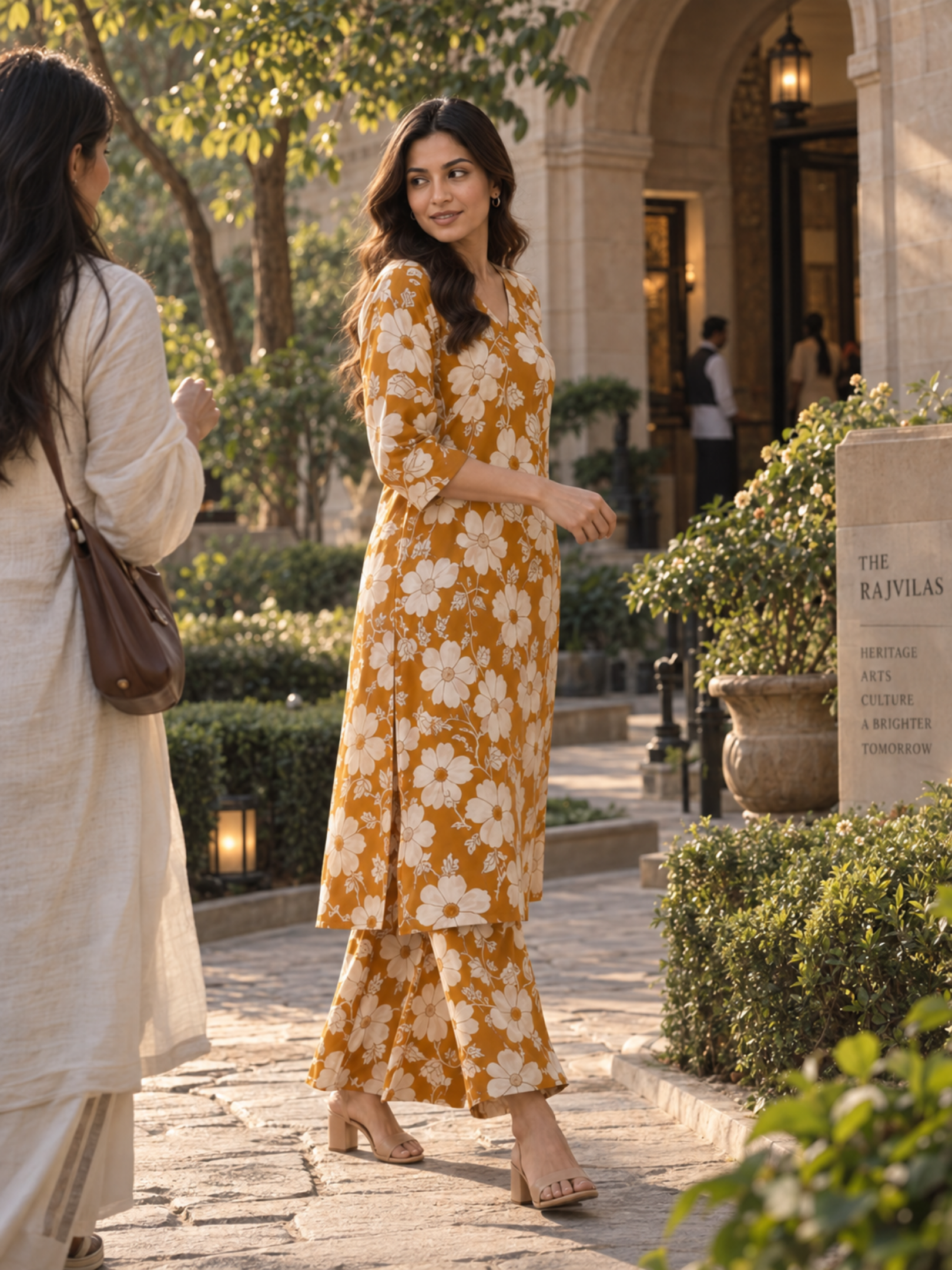 Mustard Floral Pure Cotton Kurta Palazzo Set