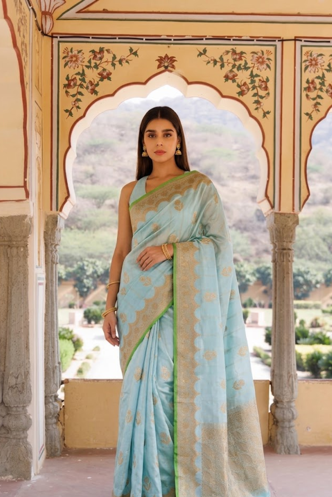 Sky Blue Pure Banarasi Silk Saree with Golden Zari Work