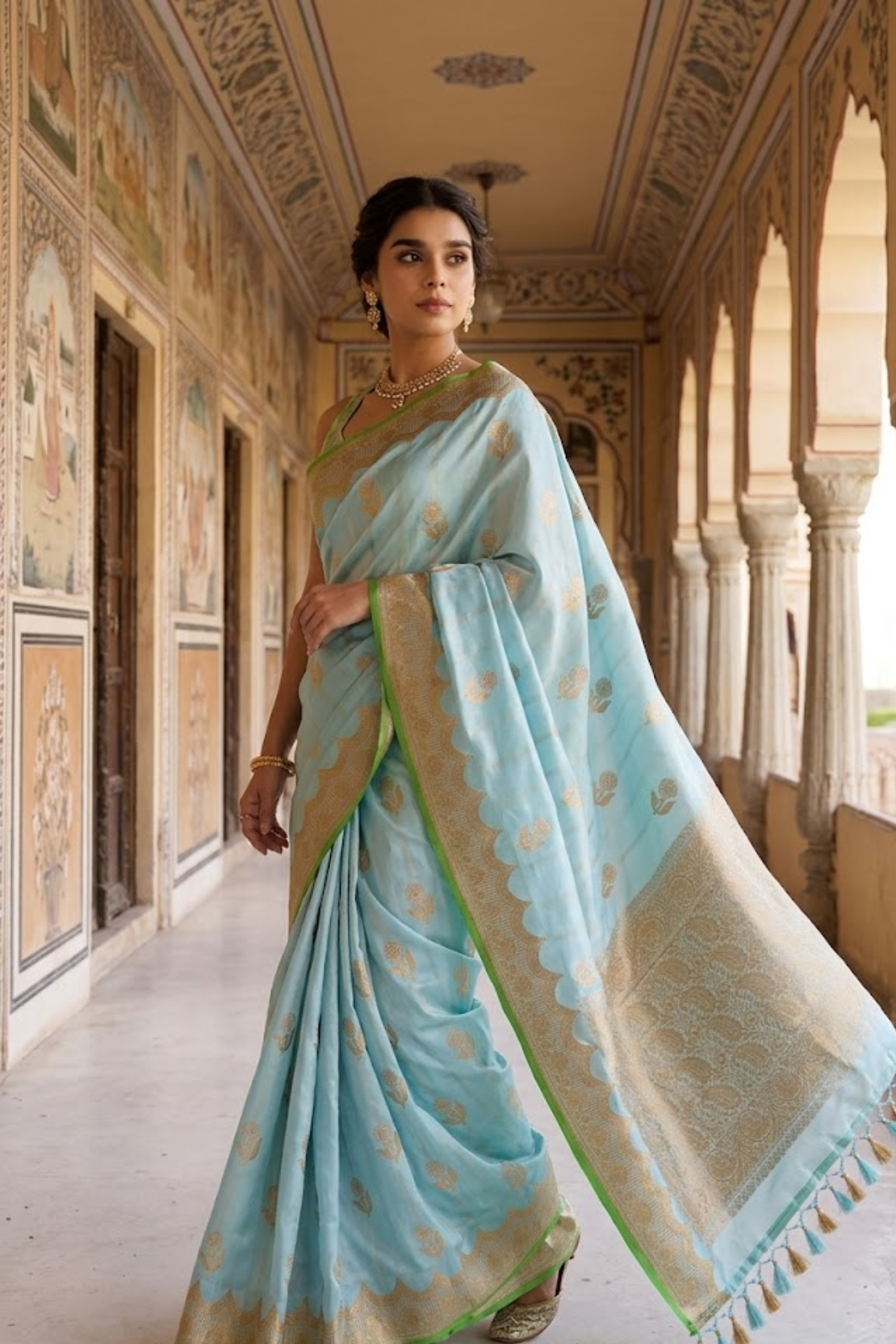 Sky Blue Pure Banarasi Silk Saree with Golden Zari Work