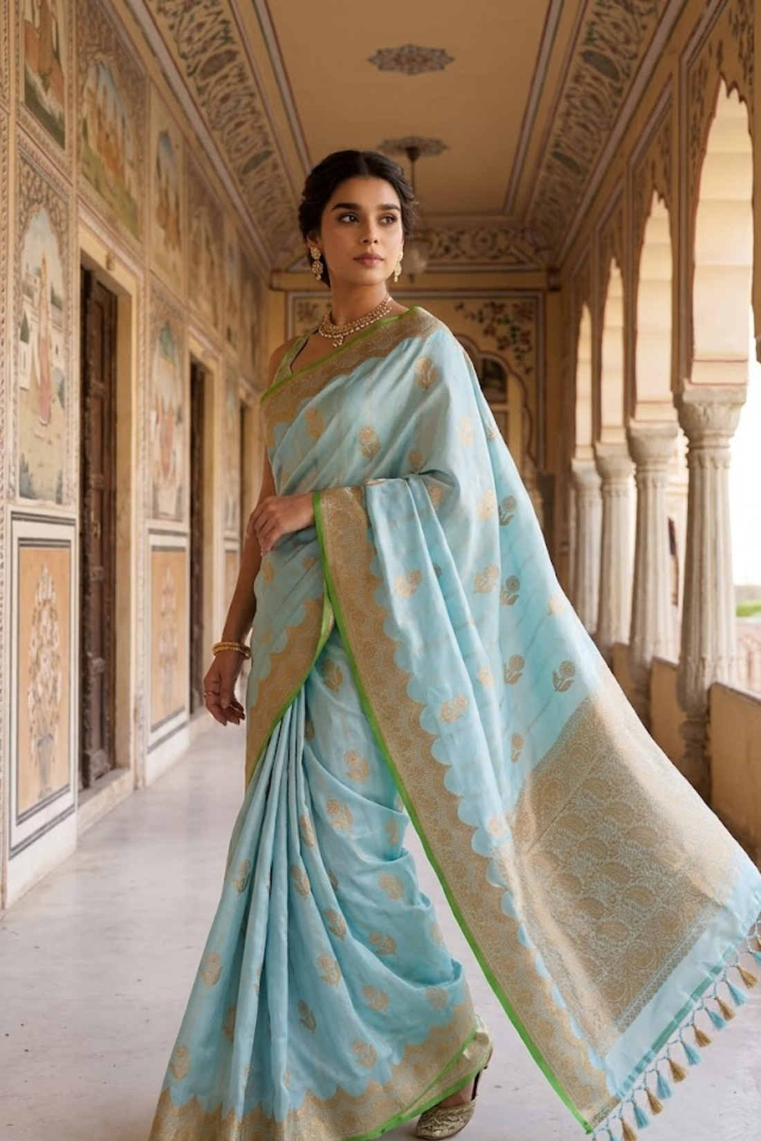 Sky Blue Pure Banarasi Silk Saree with Golden Zari Work