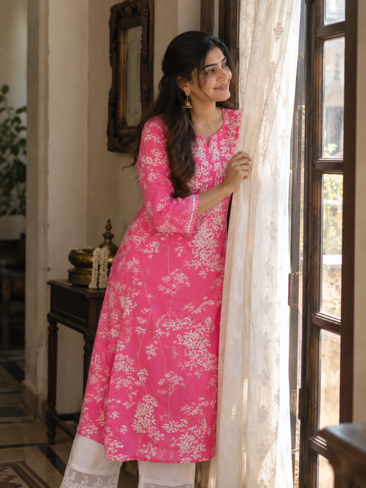 Gulbahar Pink Floral Cotton Kurta Set