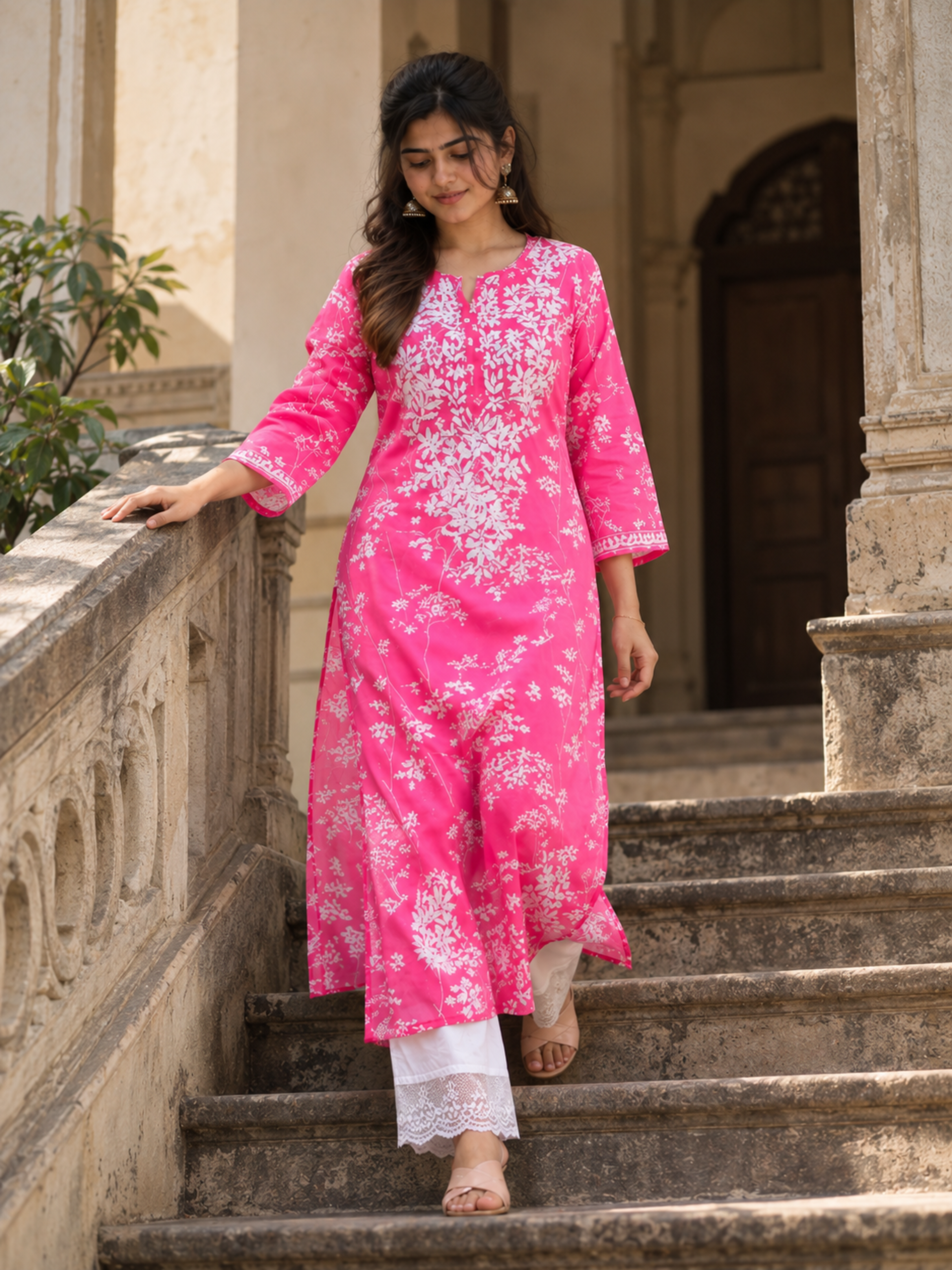 Gulbahar Pink Floral Cotton Kurta Set