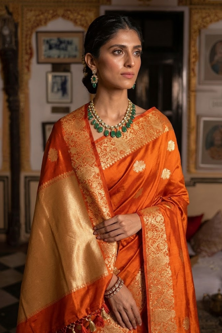Royal Orange Pure Katan Silk Saree with Golden Zari