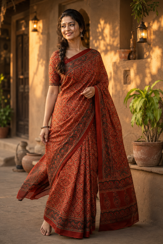 Mehrunisa Ajrakh Modal Silk Saree