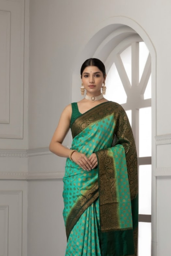 Sea Green Semi Georgette Saree with Olive Zari Border