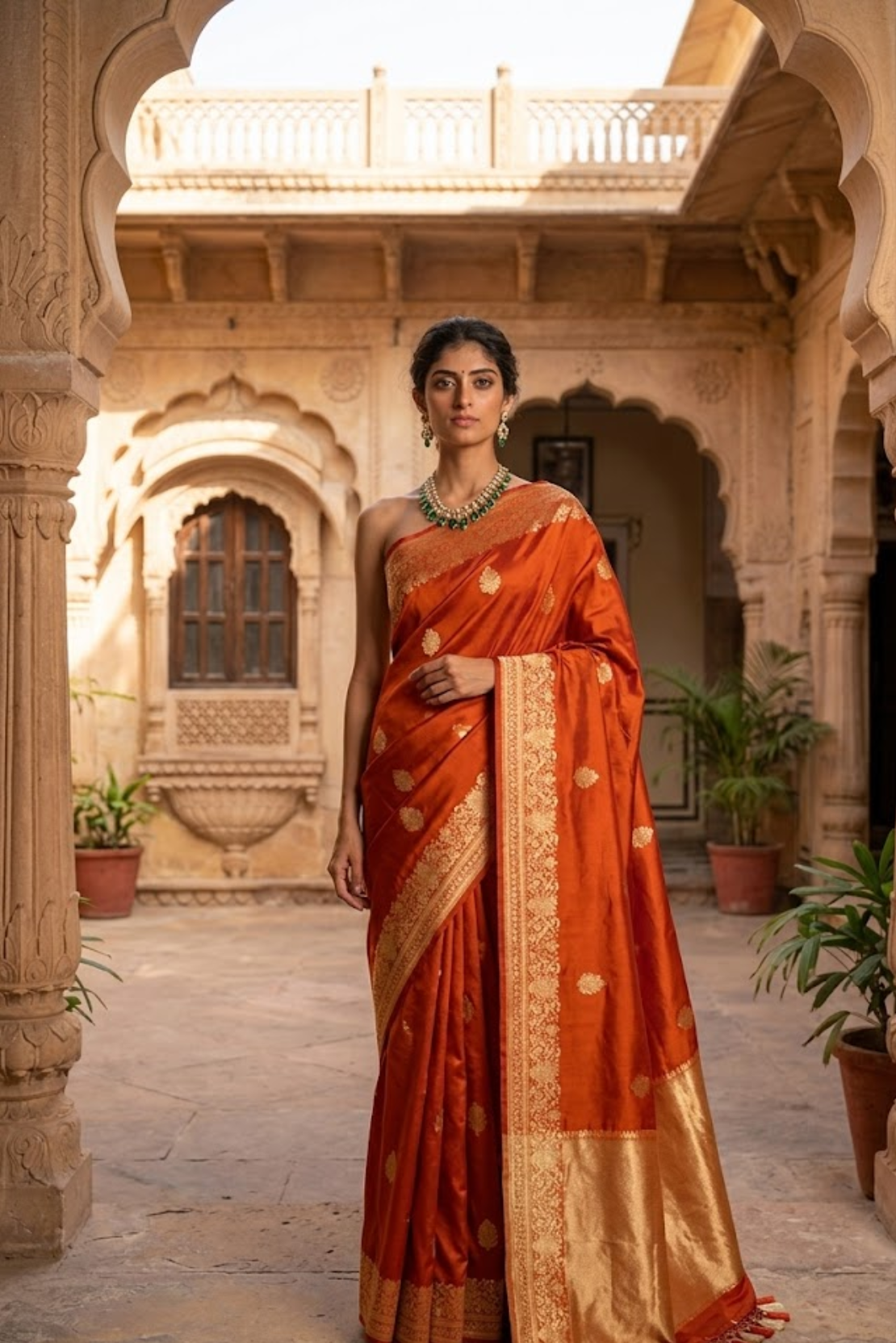 Royal Orange Pure Katan Silk Saree with Golden Zari
