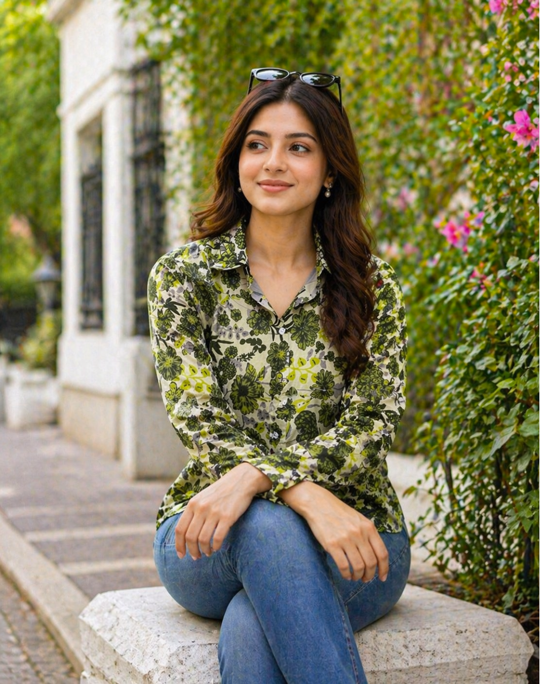 Olive Green Floral Printed Casual Shirt
