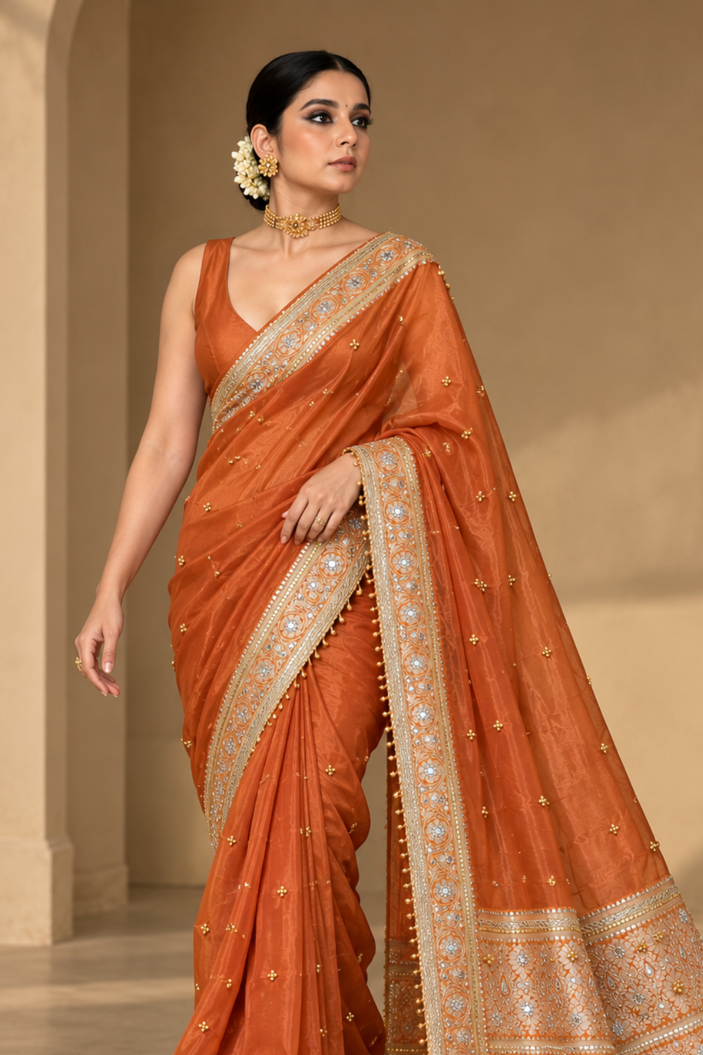 Rust Orange Embroidered Tissue Silk Saree