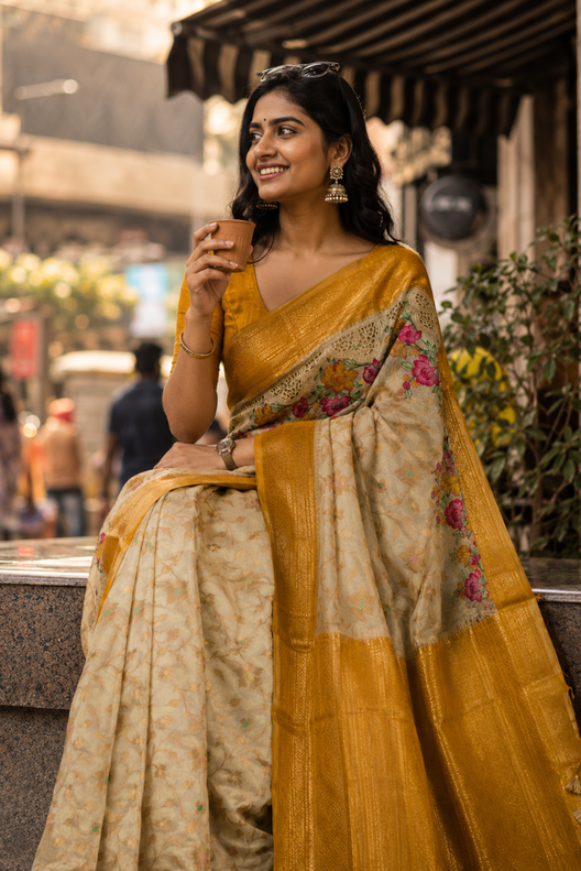 Kanak Pushpa Banarasi Mashru Tikfi Silk Cutwork Saree