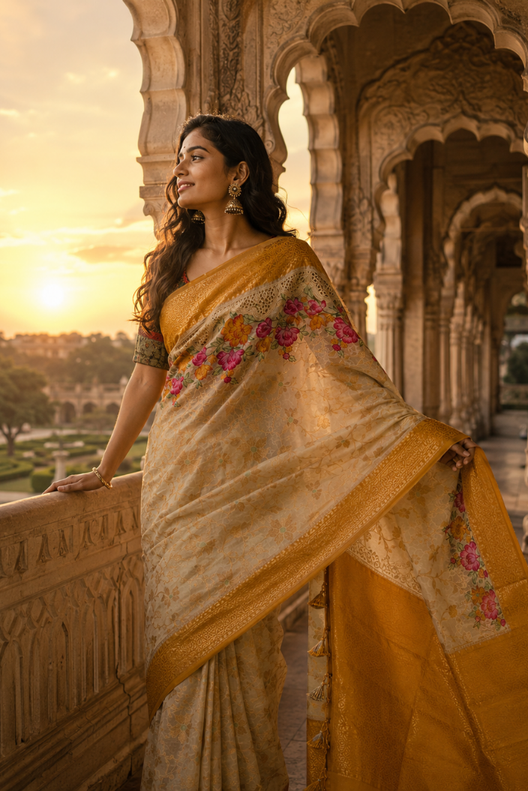 Kanak Pushpa Banarasi Mashru Tikfi Silk Cutwork Saree