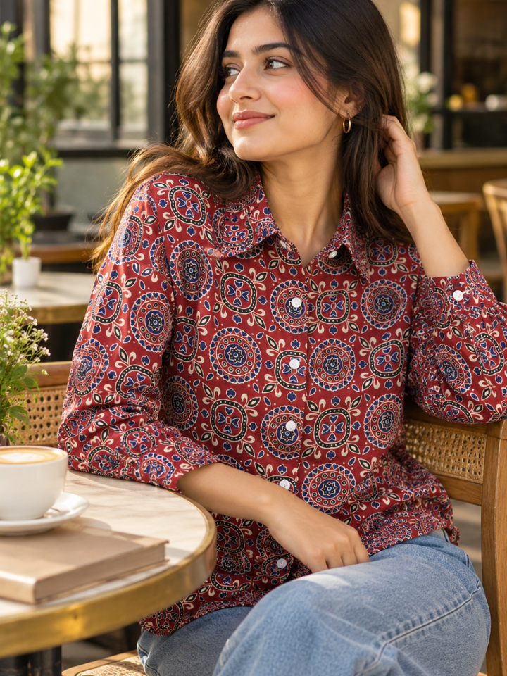 Red Printed Full Sleeve Shirt for Women