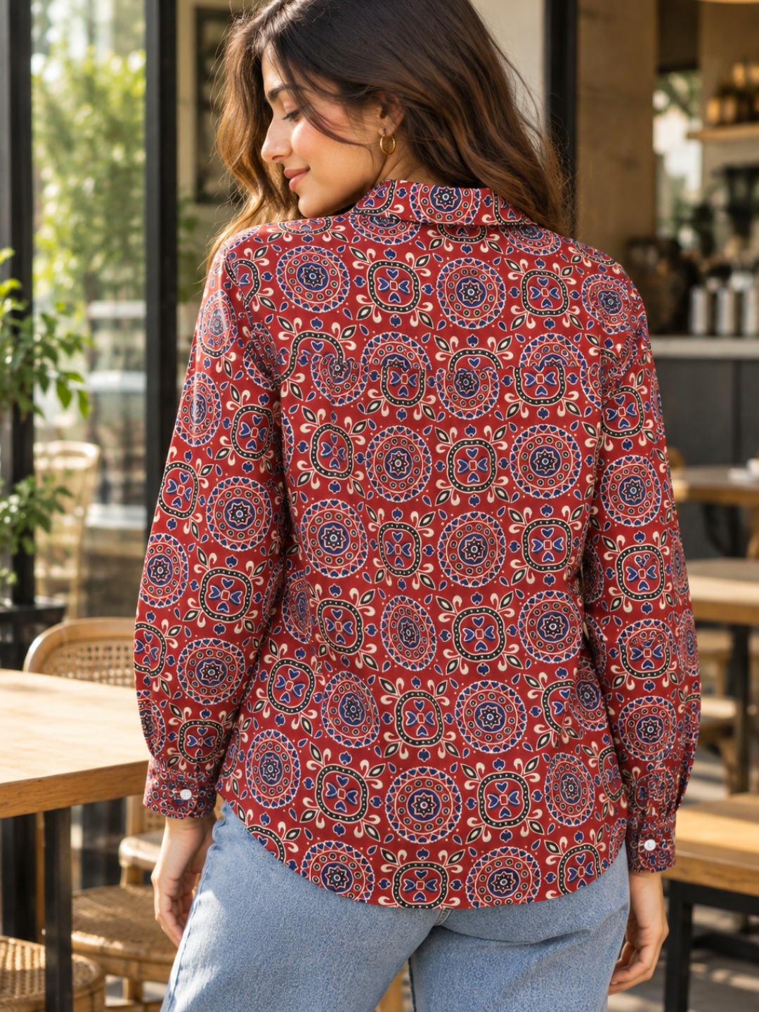 Red Printed Full Sleeve Shirt for Women