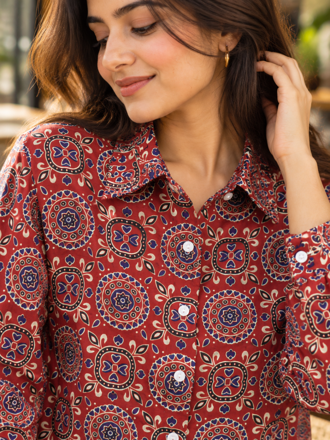 Red Printed Full Sleeve Shirt for Women