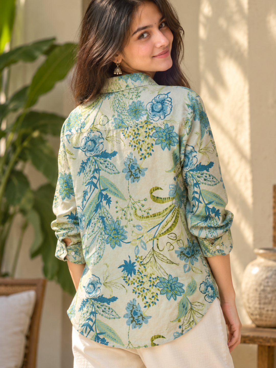 Blue Floral Printed Shirt for Women