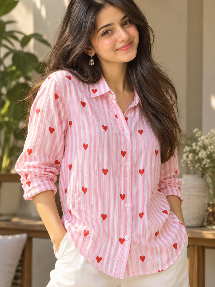 Pink Heart Printed Shirt for Women