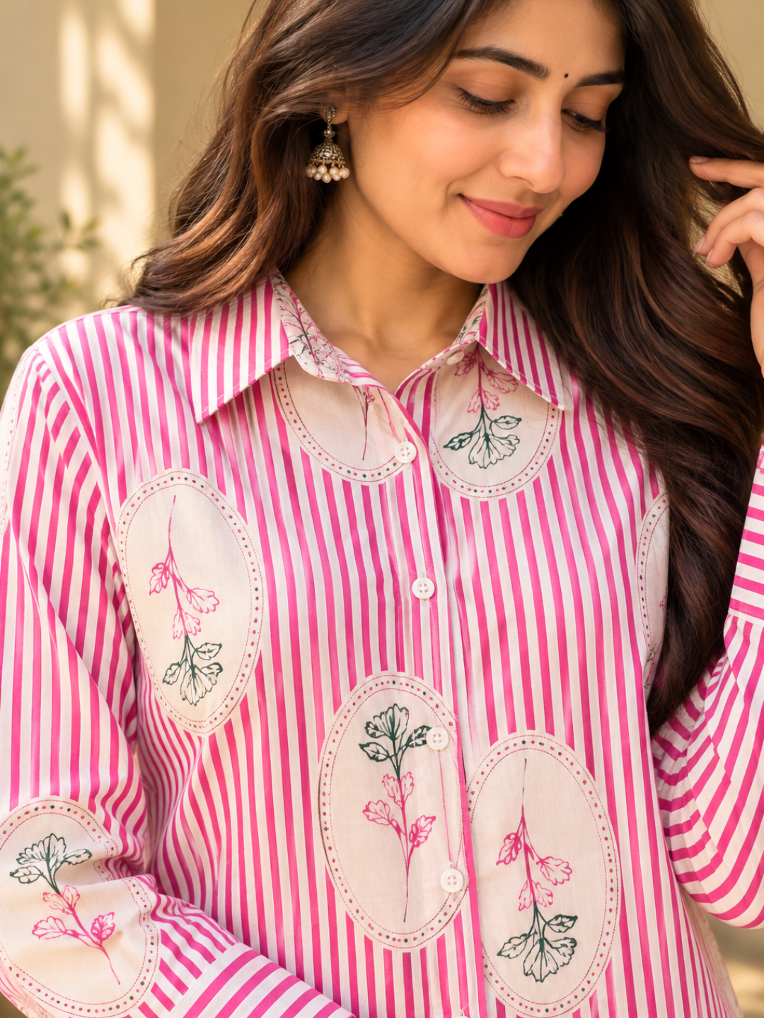 Pink Floral Printed Cotton Shirt for Women