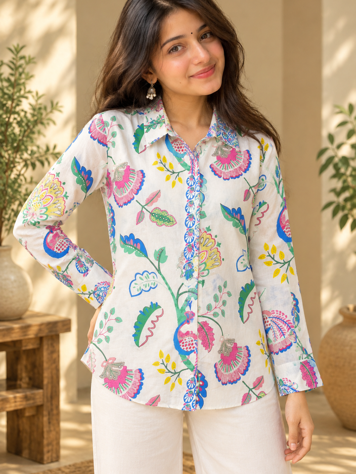 Multicolour Floral Printed Cotton Shirt for Women