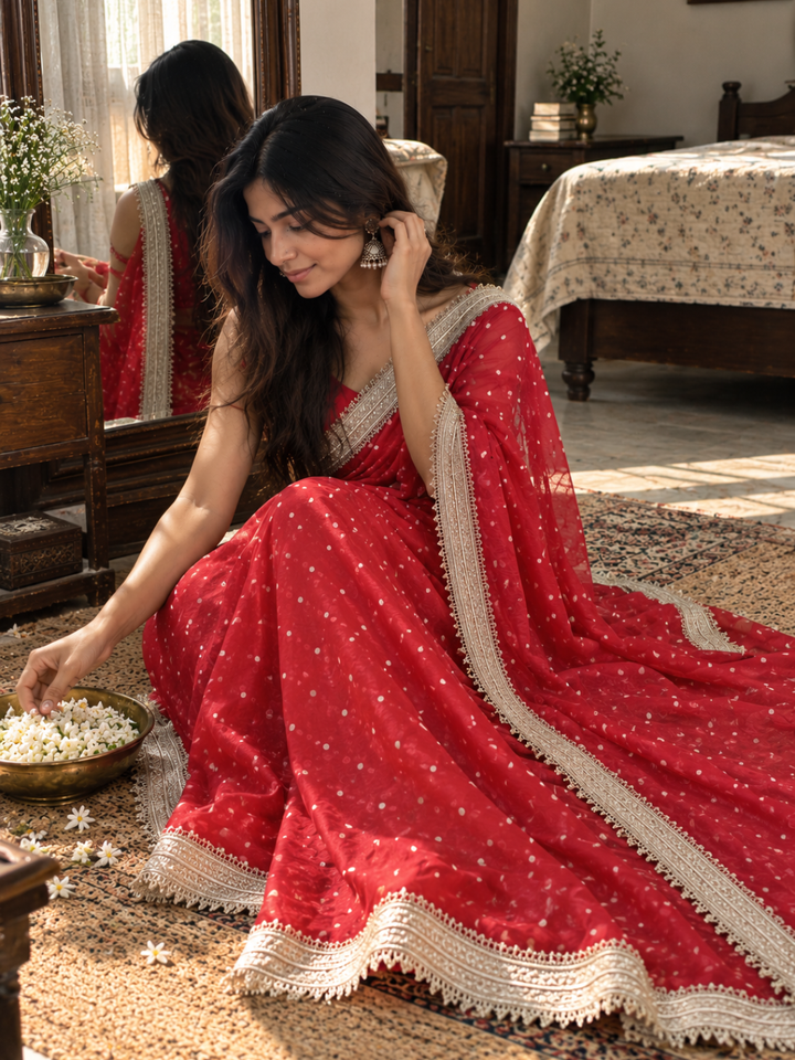 Banarasi Red Tissue Silk Embroidered Saree