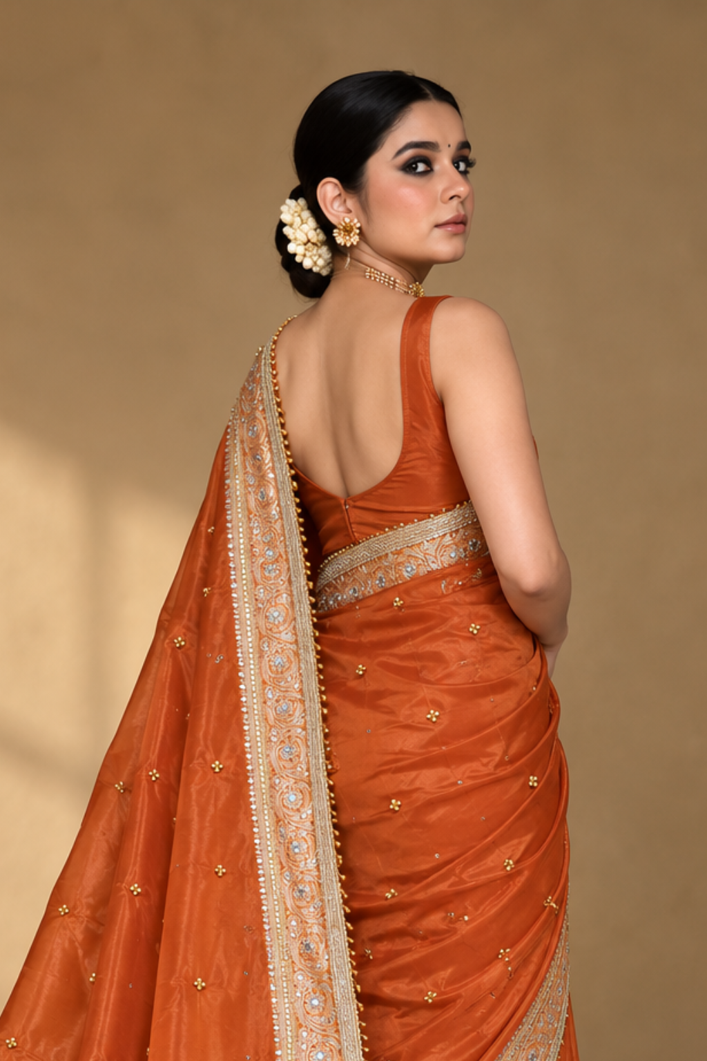 Rust Orange Embroidered Tissue Silk Saree