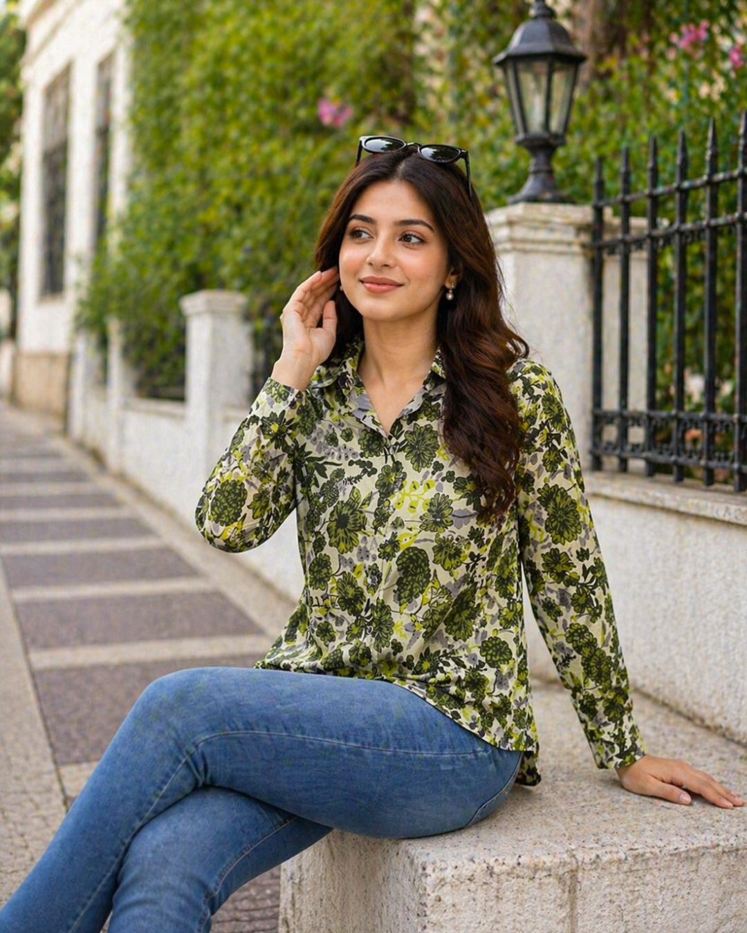 Olive Green Floral Printed Casual Shirt