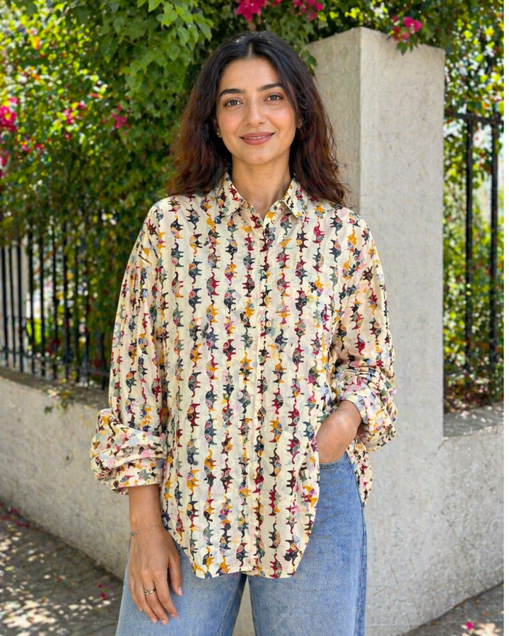 Beige Multicolor Abstract Printed Casual Shirt