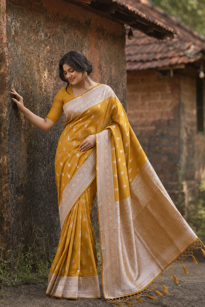 Svarnaangi Semi Katan Silk Silver Zari Saree