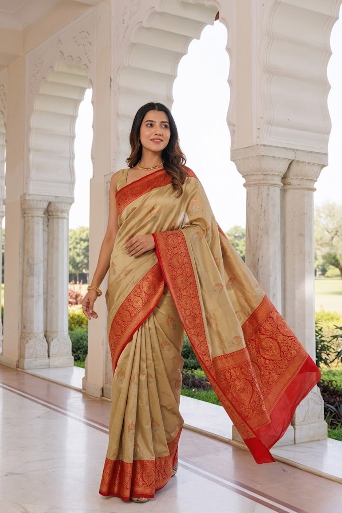 Golden Katan Silk Saree with Red Zari Border
