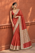 Coral Red Embroidered Tissue Silk Saree