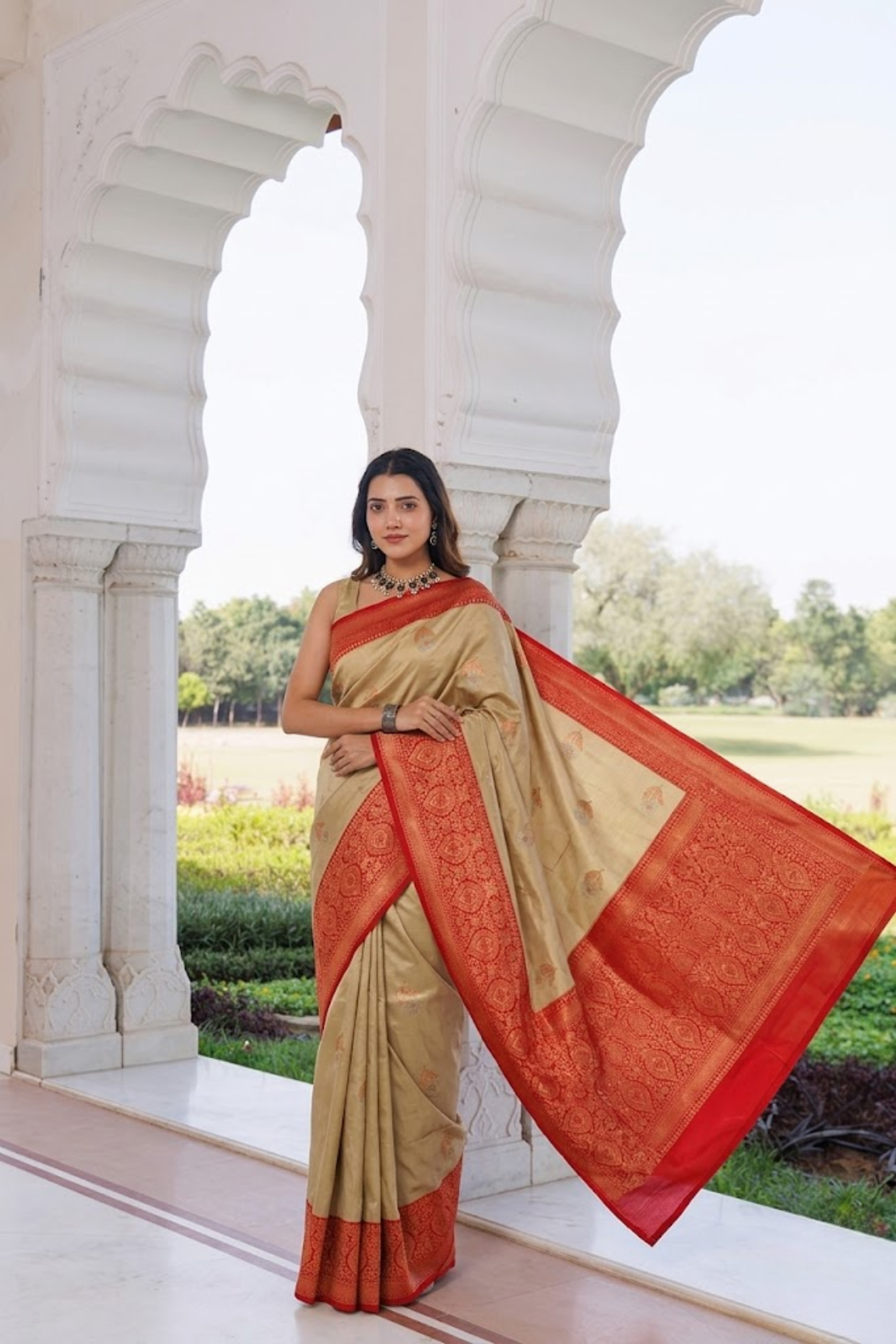 Golden Katan Silk Saree with Red Zari Border