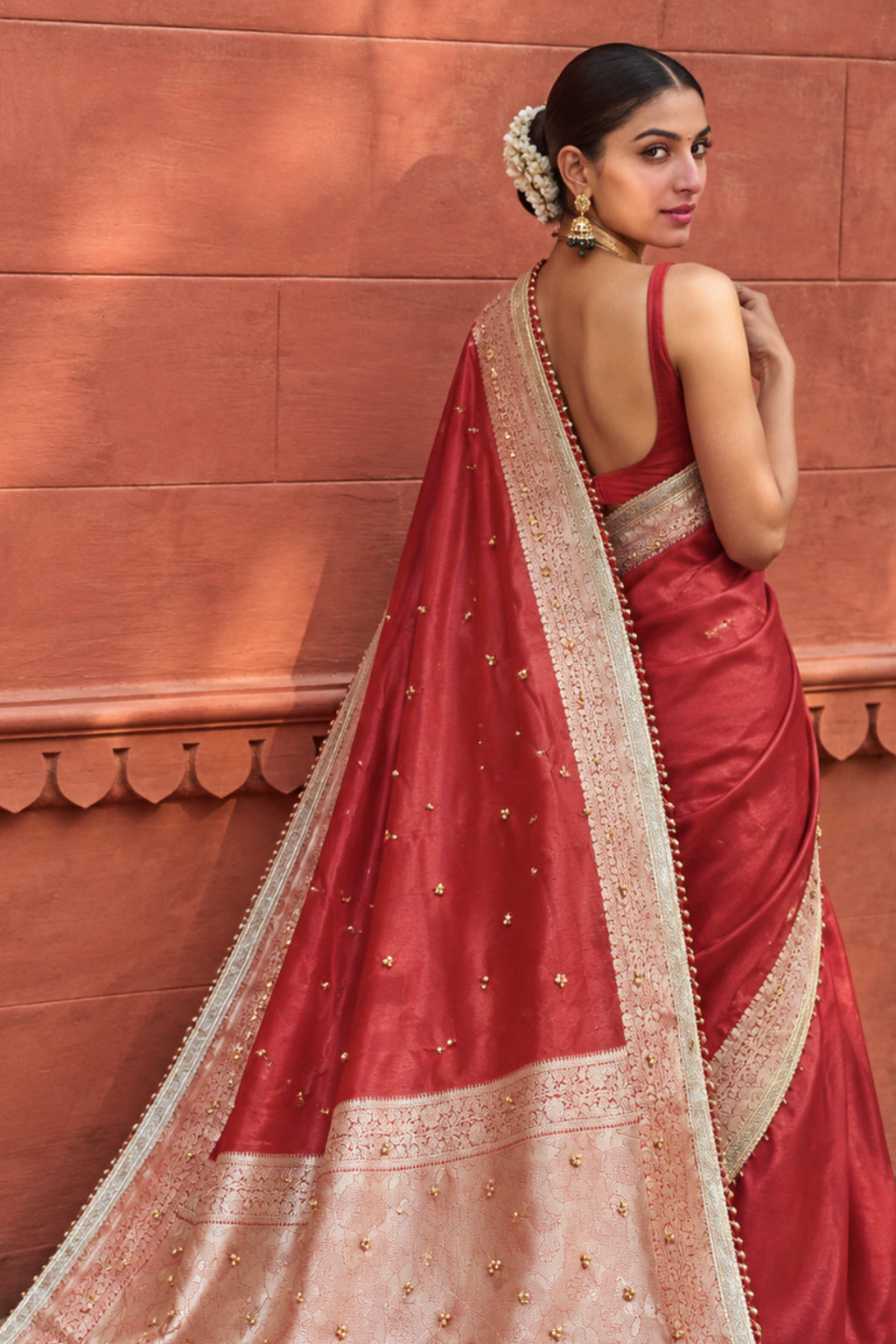 Coral Red Embroidered Tissue Silk Saree