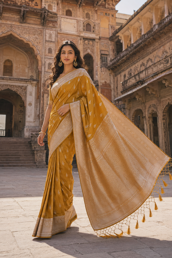 Svarnaangi Semi Katan Silk Silver Zari Saree