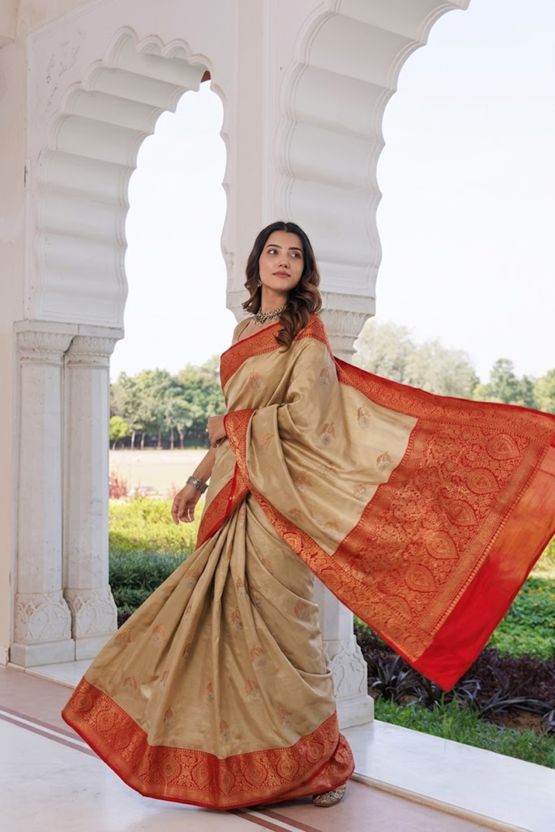 Golden Katan Silk Saree with Red Zari Border